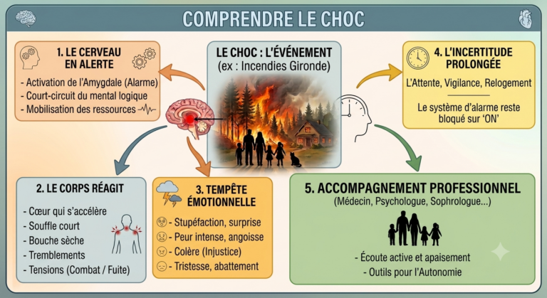 Schéma explicatif des étapes du choc émotionnel et du stress post-traumatique, de la réaction du corps à l'accompagnement en sophrologie.