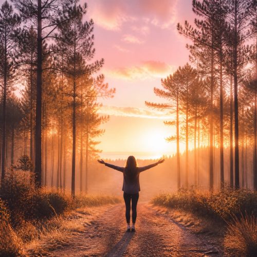 Femme marchant dans une forêt de pins en Gironde au coucher du soleil, illustrant le retour au calme et la gestion de l'anxiété après les incendies de juillet 2026.