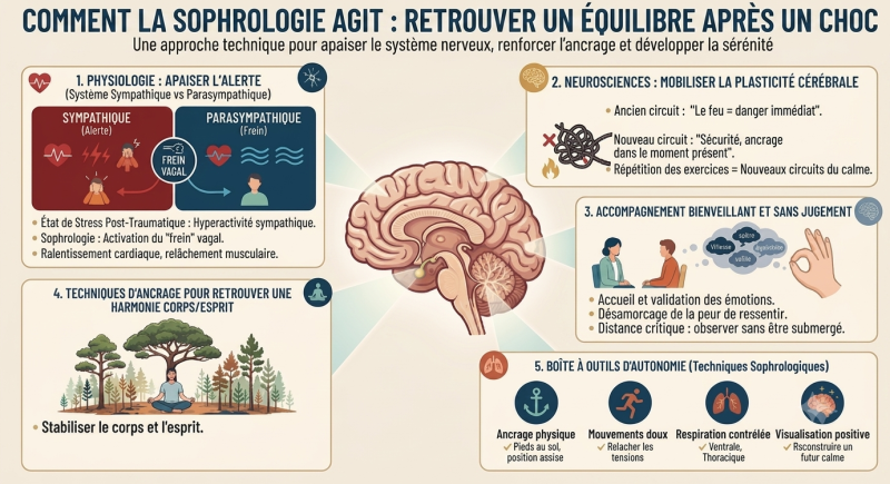 Schéma expliquant comment la sophrologie agit sur le système nerveux, la plasticité cérébrale et l'accompagnement après un événement stressant.